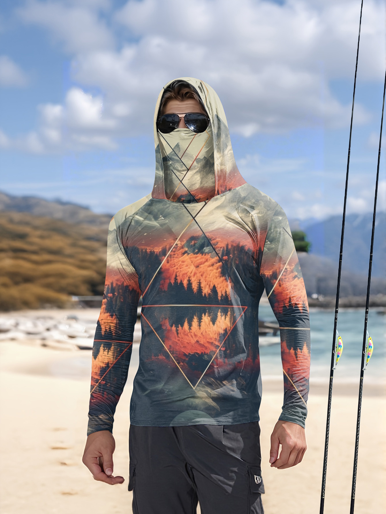 3D Printing Jersey - Outdoor Men's Fishing Hoodie Built‑in Face